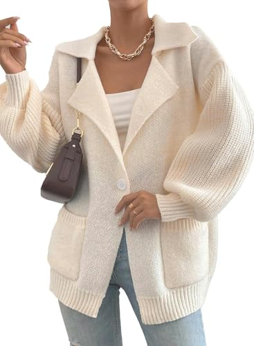 Suéter de Punto Tipo cárdigan para Mujer, Cuello en V Bolsillo con Botones Mangas abullonadas Tejido Holgado Color Liso Chaqueta de Cuello Alto (Almendra,L)