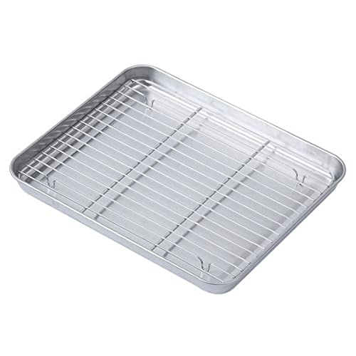 Set di teglie da forno con griglia in acciaio inox resistente, teglia da forno e griglia di raffreddamento per lavastoviglie, non tossica, facile da pulire, set di padelle da forno (25 x 20,5 cm)