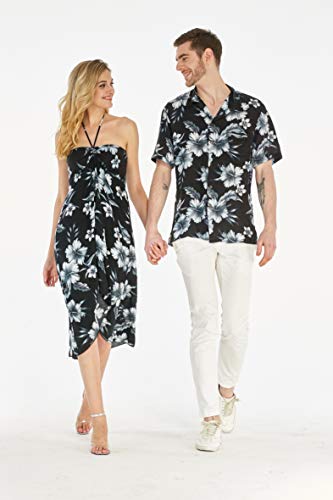 Couple Matching Hawaiian Luau Party Outfit Set Shirt Dress in Black Rafelsia4