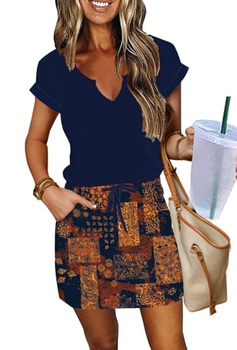 Image of SAUKOLE Women Summer T Shirt Dress Casual Short Sleeve V Neck Dress with Pockets Drawstring Waist Short Dresses