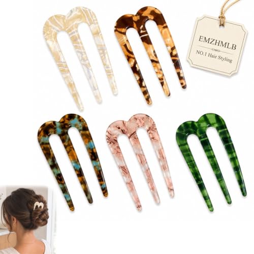 French Hair Pin 3 Prong, Acetate U Shaped Twist Comb for Thick Hair Elegant Style Holder Chignon Clip Vintage Hairstyle Accessory Updo Chignon Bun Holder for Women Daily Use(All color(5pcs))