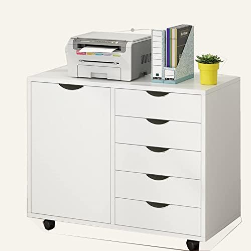 LERIJN 5-Drawer Wood Dresser Chest with Door, Mobile Storage Cabinet, Printer Stand for Home Office (White)