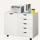 LERIJN 5-Drawer Wood Dresser Chest with Door, Mobile Storage Cabinet, Printer Stand for Home Office
