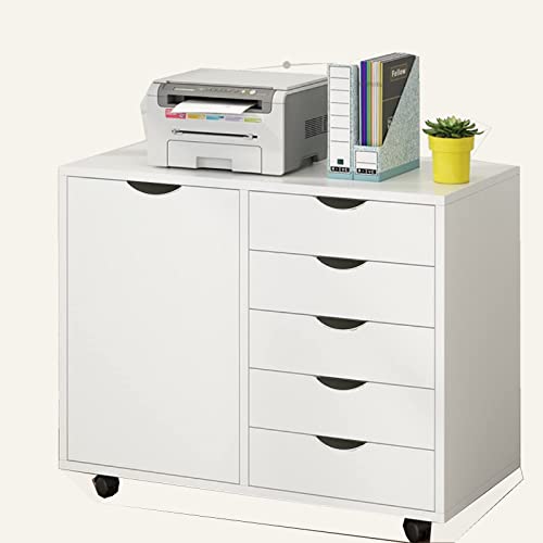 Lerijn 5-Drawer Wood Dresser Chest With Door, Mobile Storage Cabinet, Printer Stand For Home Office (White) #TOP1