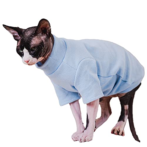 Sphynx Katzenkleidung Herbst Solid Mesh Waffel-T-Shirts Elastizität Atmungsaktiv Pullover Hoher Kragen Kätzchen Shirts Haustier Kleidung für Katze XL (5,3-6,3 kg), Blau) Cover