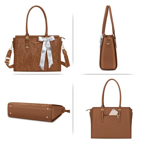 Image of MOSISO Laptop Bag for Women, PU Leather Tote Bag, Front Embossed Retro Hibiscus Computer Bags with Silk Scarf&Clutch Purse