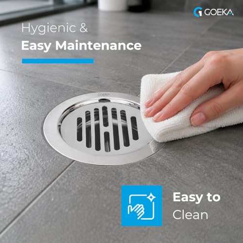 Image of GOEKA Round Lock Grating Stainless Steel Floor Drain 5 Inch | SS 304 Chrome Finish | Double Hole Locking Jali /Trap Floor Drain for Bathroom & Kitchen | Pack of 2