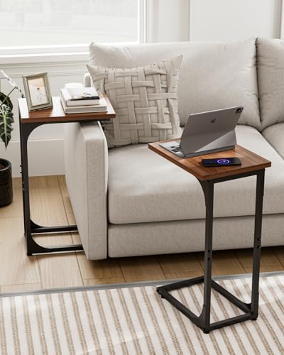 Image of C-Shaped Side Table for Couch - Small Coffee Stand Sofa Tray Desk with Metal Frame and Waterproof Scratch Resistant, Modern End Accent for Living Room, Bedroom, Set of 2, Rustic Walnut