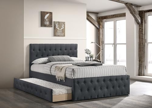 GOWE Cama de solteiro contemporânea com ripas de rodízio, botão estofado de serapilheira de carvão v