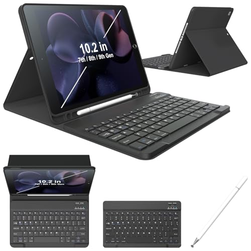 Keyboard Cases for iPad 9th Generation 8th Gen, 7th Gen, Pro 10.5 Inch Air 3rd Gen. Removable Magnetic Cover Sheet Built-in Pencil Holder and Stylus Pen, Adjustable Angles Stain Resistant Cover, Black