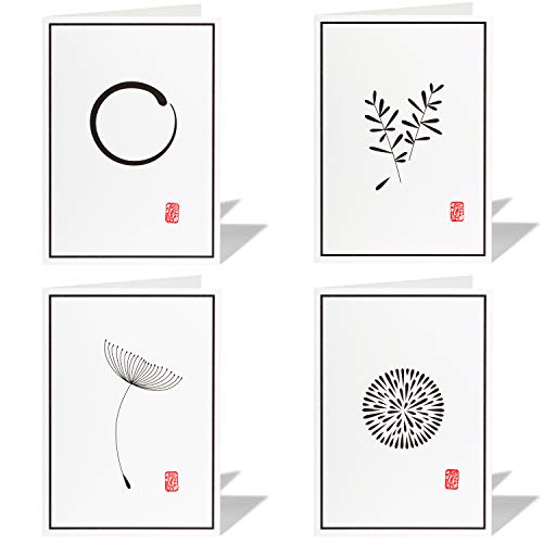 4er Set Trauerkarten mit Umschlag, Klappkarten-Motive: Pusteblume, Zweige, Energie, Enso/moderne Beileidskarten, hochwertige Kondolenzkarten - Stempel (71.7) Cover
