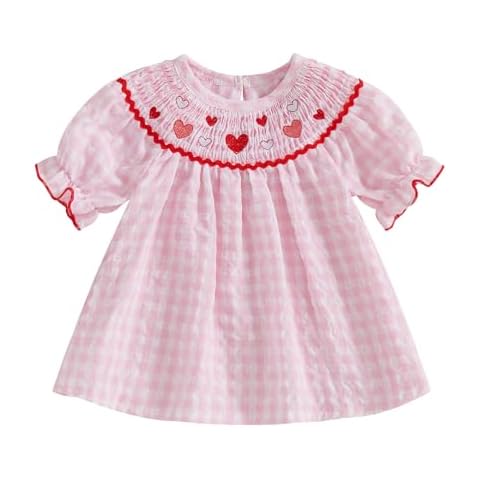 Toddler Baby Girl Valentines Day Outfit Ruffle Smocked Heart Embroidery Dress Plaid Playwear Summer Outfit 6M-4T (Pink, 3-4 Years) Cover