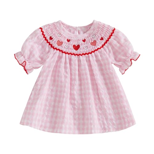 Toddler Baby Girl Valentines Day Outfit Ruffle Smocked Heart Embroidery Dress Plaid Playwear Summer Outfit 6M-4T (Pink, 18-24 Months)