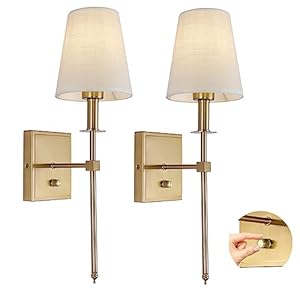 Rizzyluz Dimmable Wall Sconces Set of 2, Gold Bathroom Vanity Lighting Fixtures, Modern Gold Wall Light with On Off Switch for Living Room Bedroom Hallway