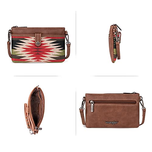Wrangler Crossbody Handbag Brown Wristlet Purse Aztec Printes Canvas Clutch For Women Vegan Leather Cell Phone Bag,Wg52-C181Br #TOP2