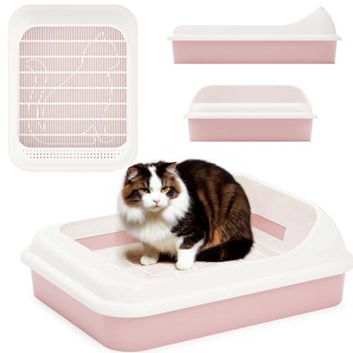 Katzentoilette Schalentoilette Katzenklo + Abnehmbarer Hochrand + Reinigungssieb Rosa