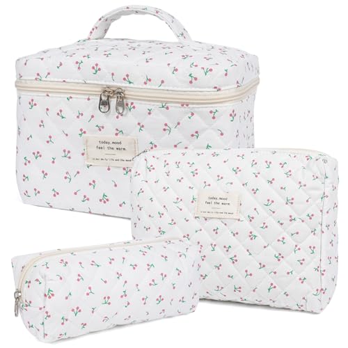 honitty Makeup Bag,Quilted Cosmetic Bag,Large Floral Make Up Bag for Women,Cotton Makeup Bag Set,Flower Travel Toiletry Bag 3 Piece