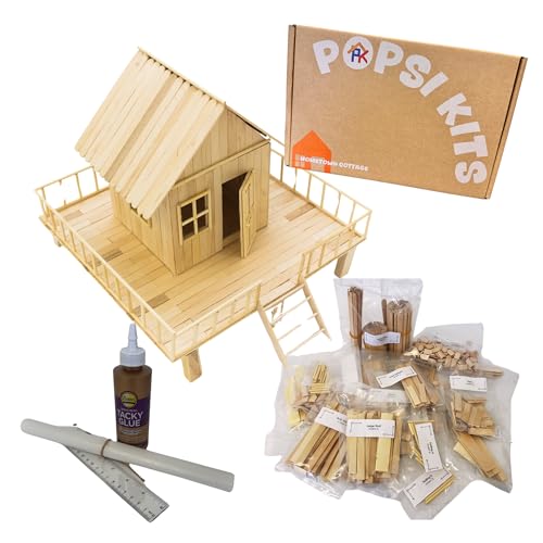 Popsicle Stick Cottage Model Kit – 350+ Pre-Cut Wooden Pieces – Rustic DIY House Craft for Kids and Adults – Complete Kit [Everything Included] by POPSI KITS