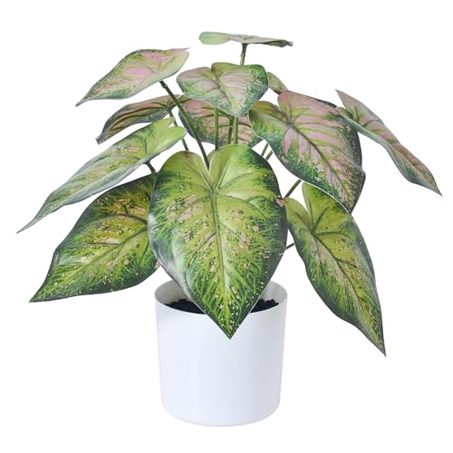 HAIHONG 15.7 Inch Fake Plants Artificial Caladium Plants Indoor, Samll Artificial Plants with Green Leaves, Potted Faux Plants for Desk Shelf Office Room Decoration?1Pack?