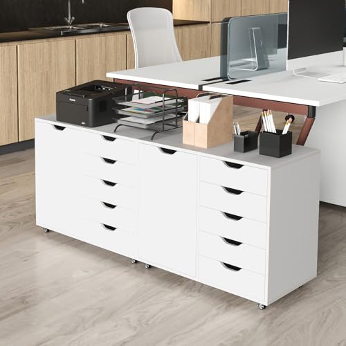 COSTWAY Cajonera para Armario, Cómoda Móvil de 5 Cajones con Estante Ajustable, Soporte para Impresora con 5 Ruedas para Casa, Cómoda de Almacenamiento Vertical de Madera (Blanco) - imagen 8