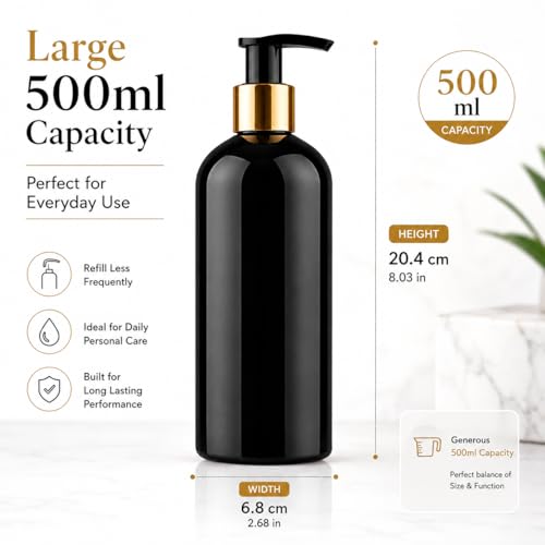 Image of Prakash Empty Plastic Black Golden Pump Bottles Dispenser 500ml Portable Shampoo Lotion Hand Bottle (Black Golden Pump 500ML, Pack of 3)