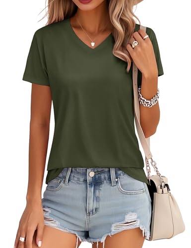 MAGCOMSEN Cotton Shirt for Women V-Neck Short-Sleeve Classic-Fit T-Shirt Casual Soft Breathable Tee Basic Tops, Army Green, L