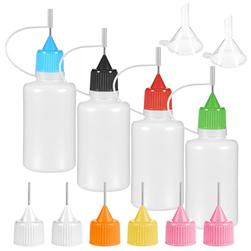 Qulkws 4Pcs Precision Tip Applicator Bottle with 2 Funnel Multicolor Lids, 30ML/1 OZ Needle Tip Glue Bottles, Glue Dispenser for DIY Quilling Paper Craft Painting