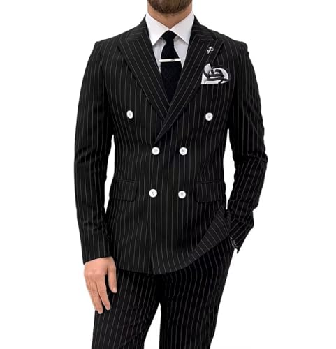 Men's Pinstripe Suit 2 Pieces Regular Fit Double-Breasted Blazer Pants for Wedding Suit Groom Prom Tuxedo Suit
