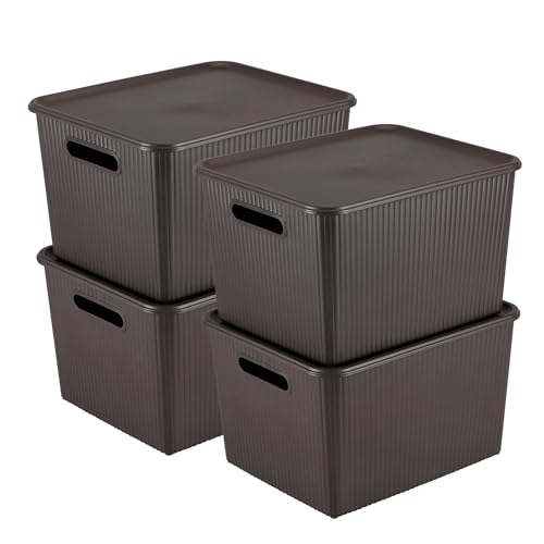 Image of Kolorr Ribbed Baskets Large Pack of 4 With 4 Standard Lid (Non-Airtight Loose-Fit Cover) Multipurpose Plastic Storage Baskets For Cloths Toys Wardrobe Home Kitchen & Livingroom I Dark Brown