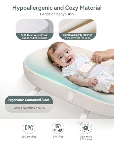 Miniatura 3 de Comomy Cambiador De Piel Vegana, 80 X 40 Cm, Impermeable Y Lavable, Con Cinturón De Seguridad Y Diseño Antideslizante, Suave Y Ligero Beige