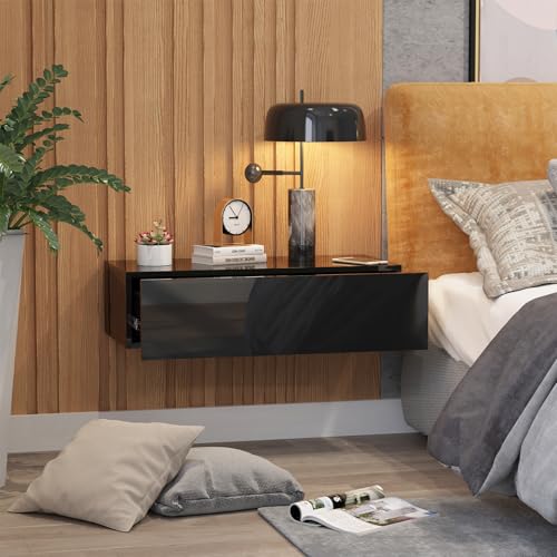 HedoAjim Black Modern Floating Wall Mounted Nightstand with Drawer Storage Wood Bedside Table Small...