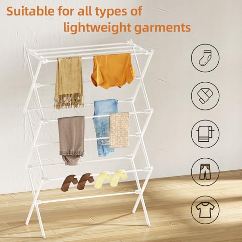 Image of Drying Rack Clothing, 3-Tier Clothes Drying Rack Foldable, Antirust Laundry Drying Rack Collapsible Use for Indoor & Outdoor, 11.8 inch D x 34.6 inch W x 35.4 inch H, White