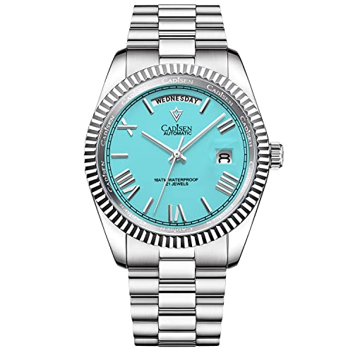 Cadisen - Reloj mecánico automático para hombre, 10 bar, impermeable, con corona de rosca, movimiento 8285, caja de acero inoxidable, azul claro, Mecánico