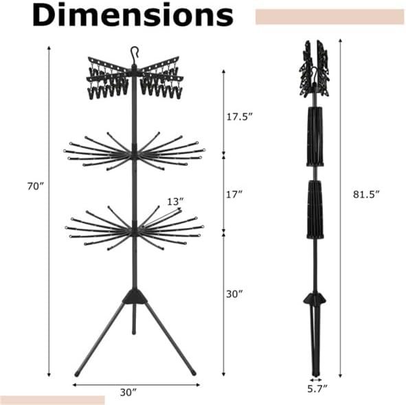 3-Tier Foldable Tripod Clothes Drying Rack, 24 Clips & 32 Rods, 70" Space Saving Laundry Dryer with Rotatable Arms