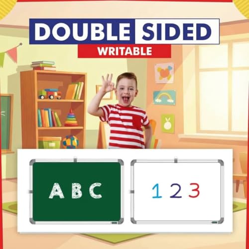 Image of 2 in 1 Learn N Write 1x1.5 Feet Slate for Kids | with Duster, Marker & 10 Pcs Chalk | Double Sided Front for Chalk & Reverse Dry Erase Marker Board with PVC Corners (41x30 cms)-(Green,White)