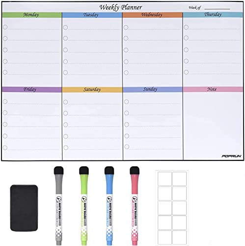 POPRUN 43×28cm Weekly Planner Whiteboard Calendar for Wall and Glass, Non-Magnetic Family Weekly Wall Planner,A3 Kitchen Dry Wipe Meal Planner Board,Work Rota,Fitness Planner Calendar Monday to Sunday