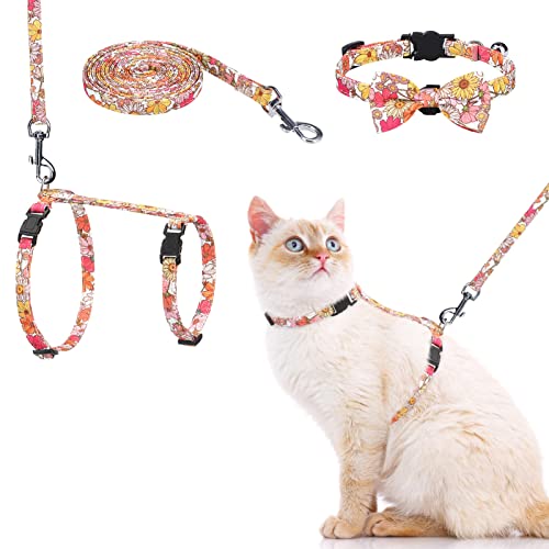 FATCOOLGOO Cat Leash and Harness Set - Adjustable Escape Proof Kitten Harness, Flower Cat Collar Breakaway with Bell and…