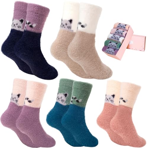 Image of SISOSOCK 5 Pairs Fuzzy Soft Cozy Comfy Socks Warm Birthday Gifts for Women