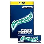 Airwaves Menthol & Eucalyptus Sugar Free Chewing Gum Multipack, 5 x 10 Pieces - Intense Mint Fresh Breath Gum - Air Travel Essentials, Festival Accessories & Road Trip Snacks