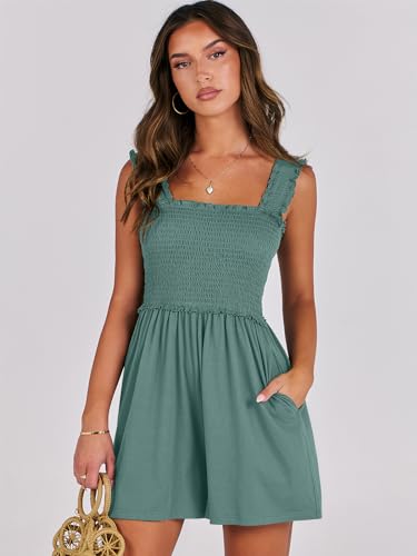 Caracilia Women's Summer Casual Smocked Rompers Square Neck Sleeveless Loose Shorts Jumpsuit 2025 Beach Vacation Outfits Green - Thumbnail 2