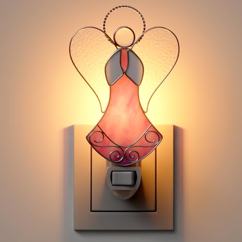 KUNDGLA Night Lights Plug Into Wall Stained Glass 7W Plug in Night Light Dusk to Dawn 3000K Warm White Nightlight Switch-On/Off for Adult Kids Room Bathroom Hallway Kitchen Non-Dim (Pink Angel 5" H)
