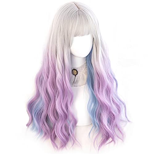 Perruque synthétique longue ondulée avec frange dégradé blanc violet