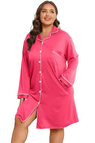 Image of Vozanet Women Button Down Nightgown Plus Size Nursing Nightshirt Long Sleeve Nighty Bridal Dress with Pockets XL-5XL