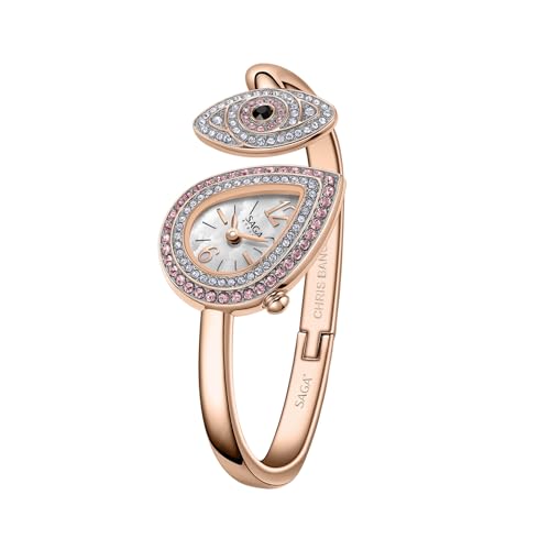 SAGA Angel’s Eye Damen Luxus Manschette Armband Uhr Swiss Ronda Quarzwerk Tropfenform Zifferblatt 30M Wasserdicht 316L Edelstahl Armband mit 129 Donau Kristallen, Roségold, Small Size, Dekor