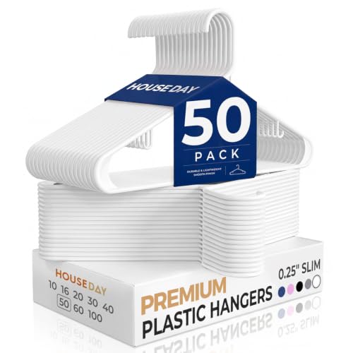 HOUSE DAY White Plastic Hangers 50 Pack, Slim Space-Saving Clothes Hangers | Durable Hangers Hold Up to 7 lb with Built-In Strap Hooks and Smooth Edges, For Full Closet Refreshes and Everyday Storage