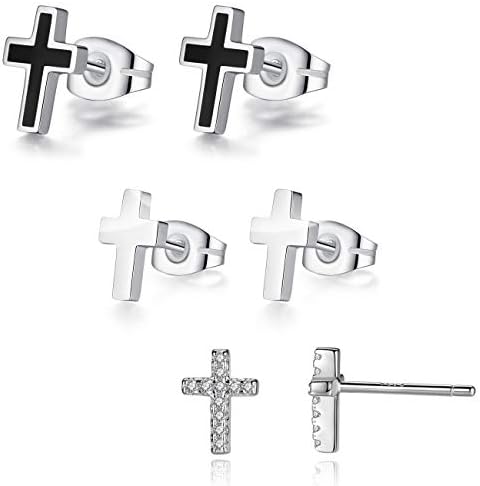 REVEMCN 925 Sterling Silver and Stainless Steel Cross Stud Earrings for Women Men, 3 Pairs