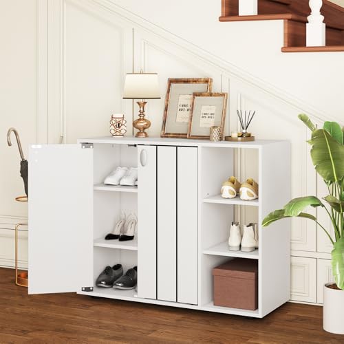 FANTASK Shoe Cabinet with 2 Doors, 80 x 31 x 64.5 cm, Entrance Area with Soft Close & Adjustable Open Shelves, Shoe Chest of Drawers, Shoe Rack for Hallway, Hallway and Living Room (White) - Image 2