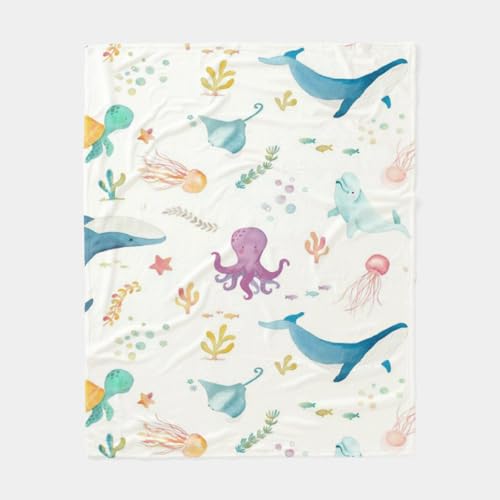 ブランケット 大判 もこもこ毛布 ひざ掛け blanket for winter 海の生き物キャラクターまとめプリント 冬 とろふわ ひざ掛け 冬用 敷き布団カバー キャンプ 蓄熱保温 丸洗い 軽量 柔らかく肌触り なめらか [2]