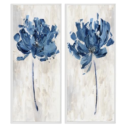 'Vivid Blue Abstract Flowers Rustic Florals'| 2pc Framed Giclee Art Set 2