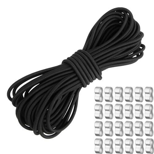 TAIXING Cuerda Elástica 4 mm x 10 m, Pesado Cuerda Elástica Negra, Redonda Cordón de Goma Elástico con 24 Bucles de Engarce M5, para Caravanas, Camping, Carga, Lonas, Kayaks y Mochilas